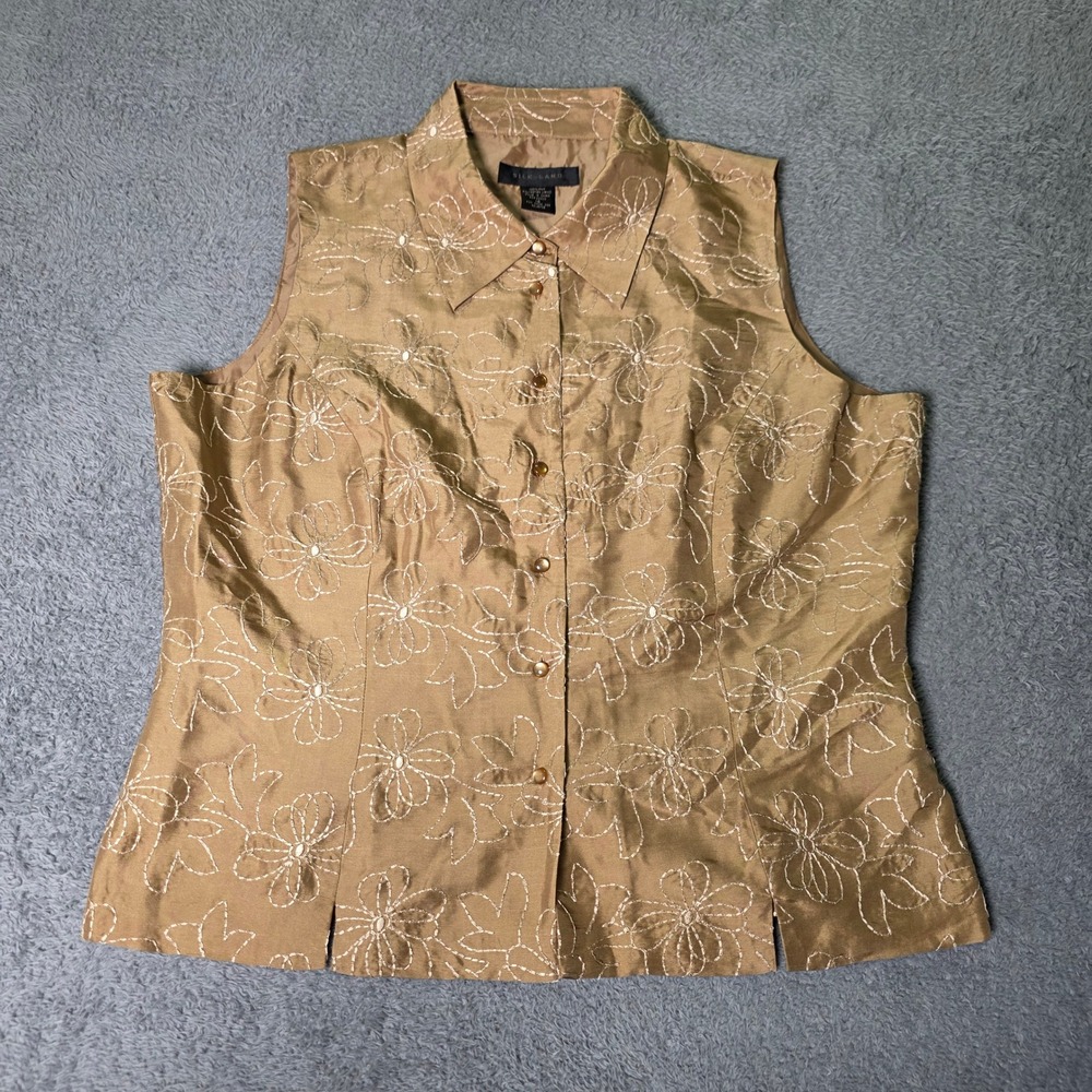 Silk Land Womens 14 Sleeveless Blouse Gold Silk Floral Embroidered Button Front